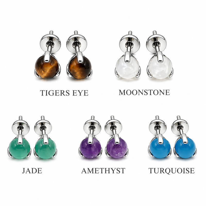 Halobes titanium stud earrings with natural jade stone, 20g pair, implant titanium jewelry for pierced ears