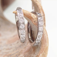 titanium Chunky Hoop earrings with clear cz on a wooden display