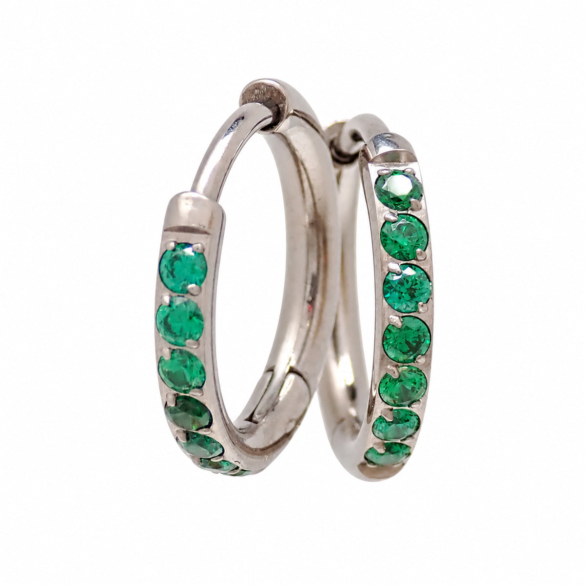 Implant titanium hoop earrings with green CZ