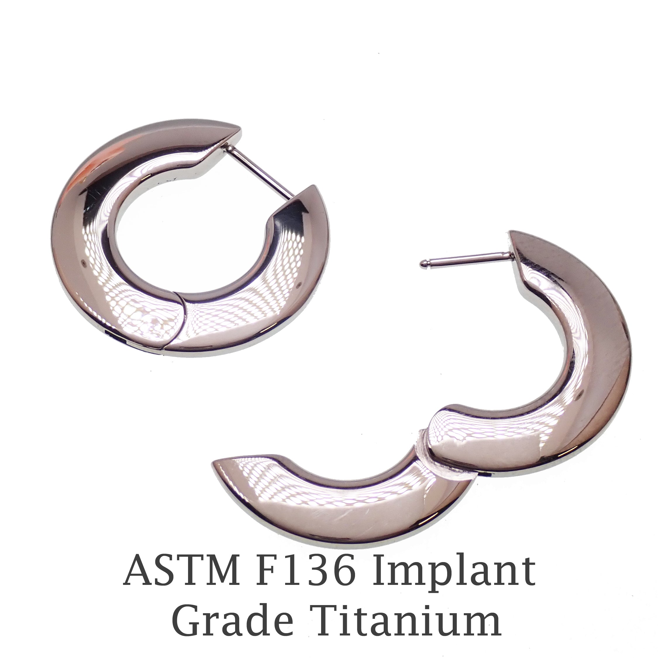 Silver titanium implant huggie earrings by Body Clickers, hinged clicker design, 10mm diameter, 20g, sold in pairs