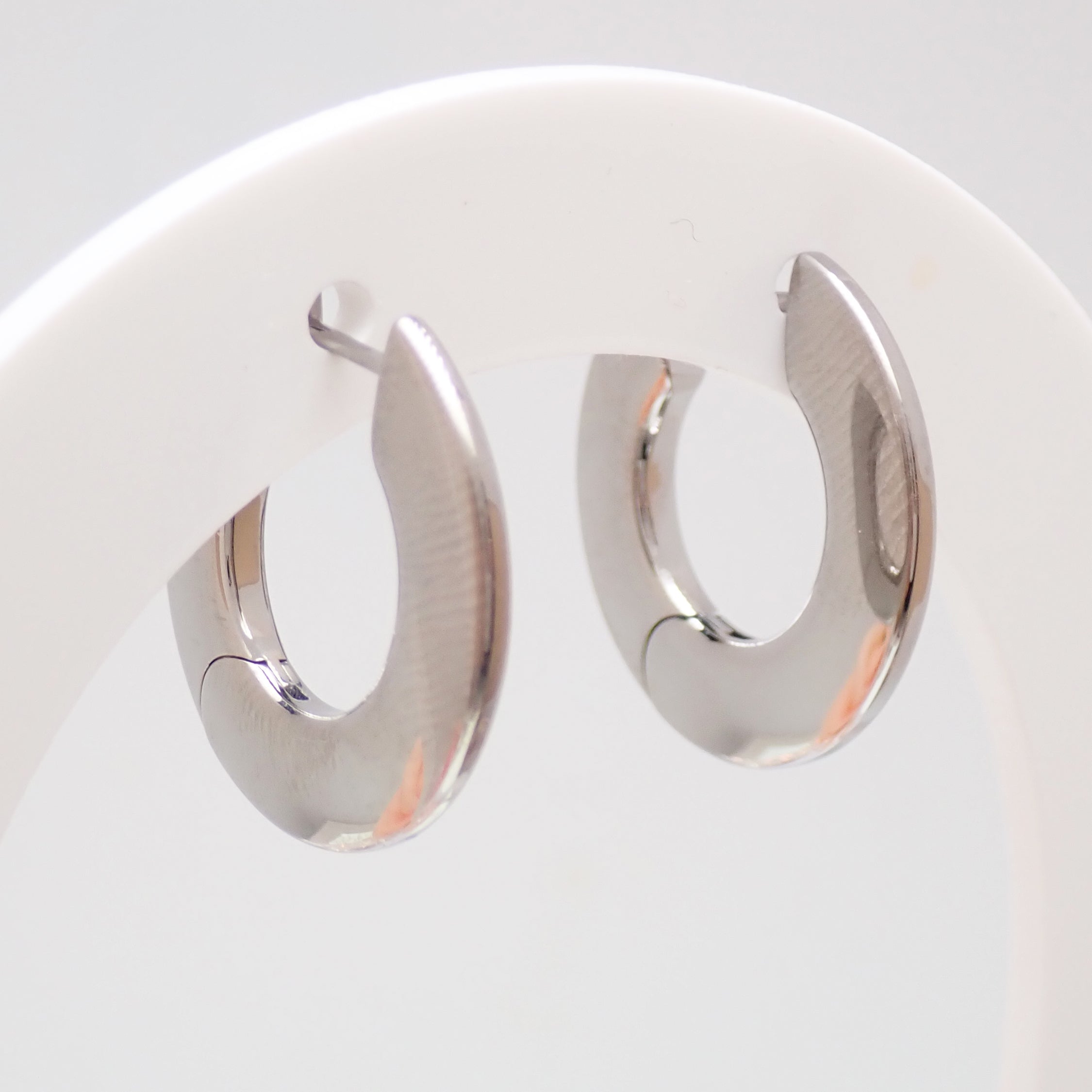 Silver titanium Implant Silhouette Huggie Earrings with hinged clicker closure, 10mm diameter, displayed on stand.