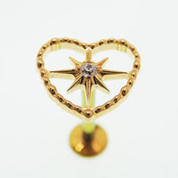 PVD Gold Heart Starburst Center Titanium Flatback Piercing: Internally Threaded (18g, 16g, 14g)