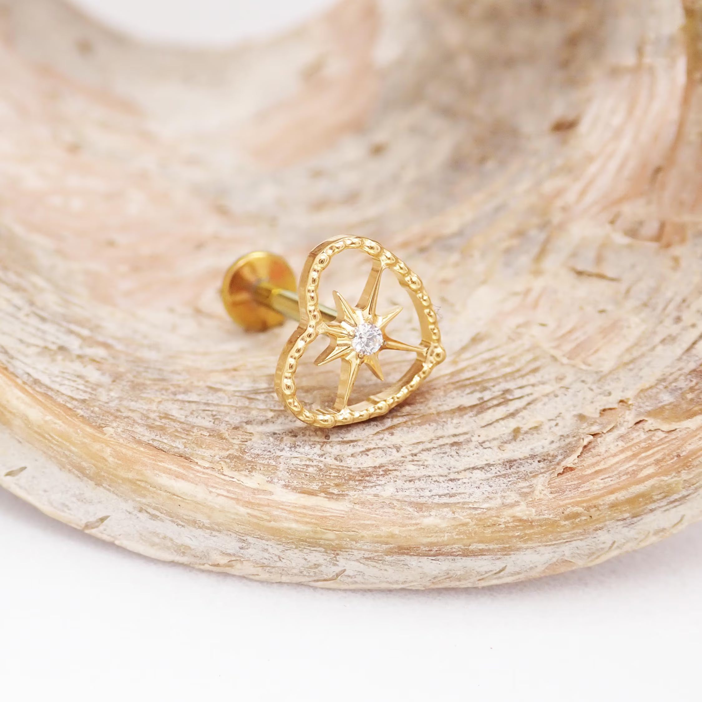 PVD Gold Heart Starburst Center Titanium Flatback Piercing: Internally Threaded (18g, 16g, 14g)