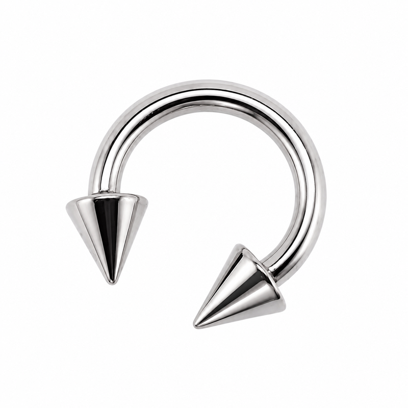 Silver circular earring with spike ends on a white background