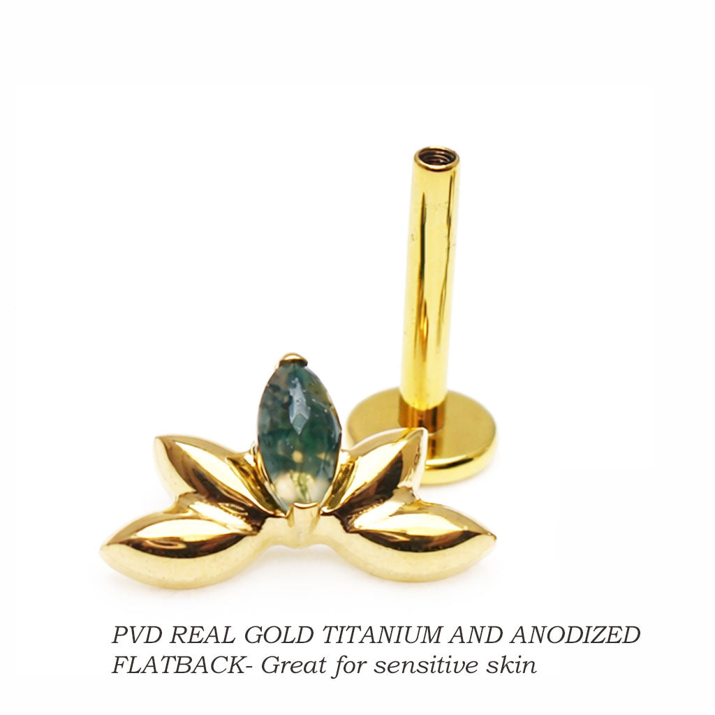 Implant Titanium Moss Agate Flatback Piercing, Internally Threaded 18g, 16g, 14g