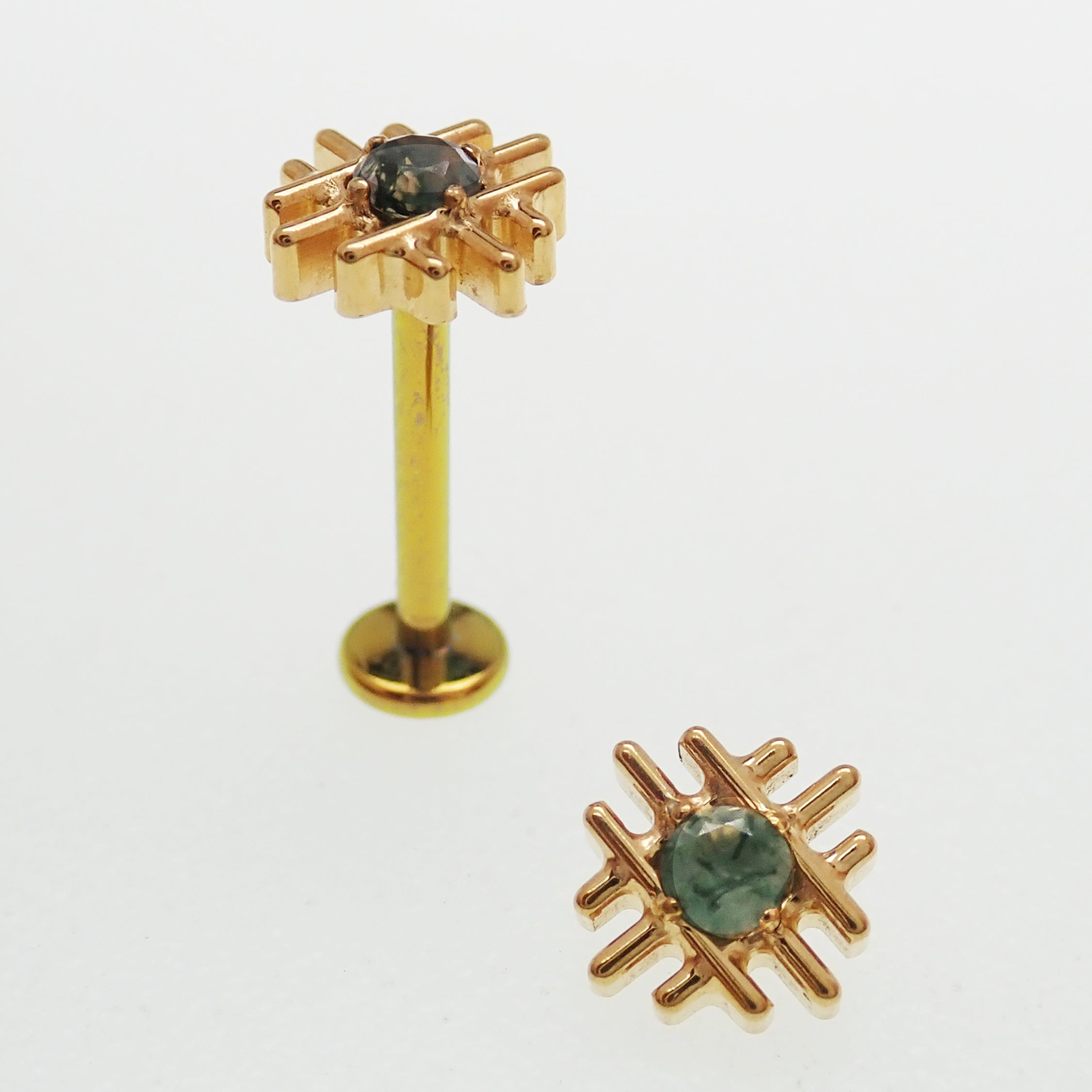 PVD Gold Geometric Moss Agate and Titanium Flatback Piercing: Internally Threaded (18g, 16g, 14g)