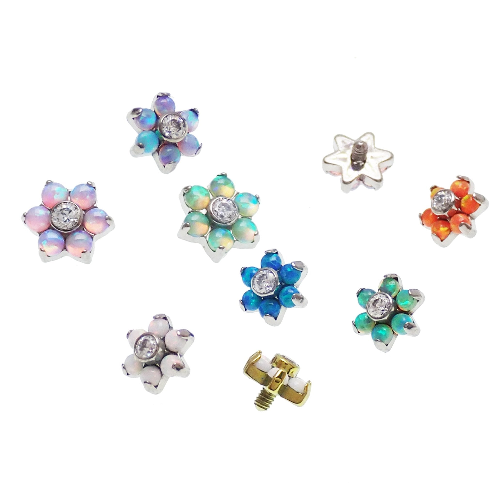 Magpie 14g 1.2mm titanium dermal top with an opal flower design, suitable for body piercing and dermal jewelry.