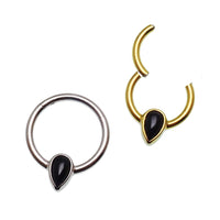 Onyx teardrop-shaped 16g natural stone titanium clicker body piercing jewelry by Magpie