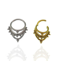 Magpie 16g titanium 3-tier fan-out septum clicker with beaded design in 8mm and 10mm sizes, showcasing intricate jewelry detail.
