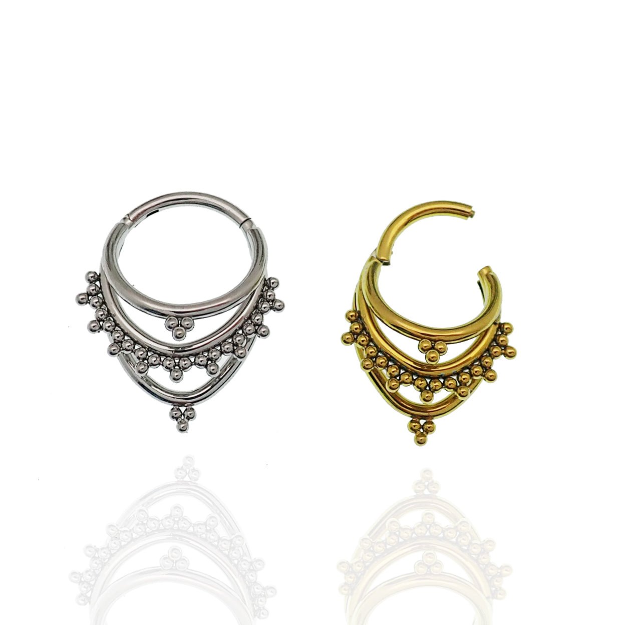 Magpie 16g titanium 3-tier fan-out septum clicker with beaded design in 8mm and 10mm sizes, showcasing intricate jewelry detail.