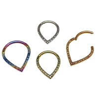 Hammered V Titanium Clicker in 8mm and 10mm sizes by Magpie, showcasing sleek, hammered finish and lightweight design.