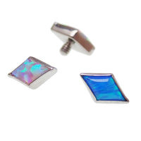 Magpie 14g internally threaded opal top attachment with diamond-shaped opal design on surgical steel jewelry.