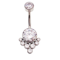Magpie CZ titanium belly ring, 10mm to 12mm, showcasing a sleek silver body with sparkling cubic zirconia embellishment.