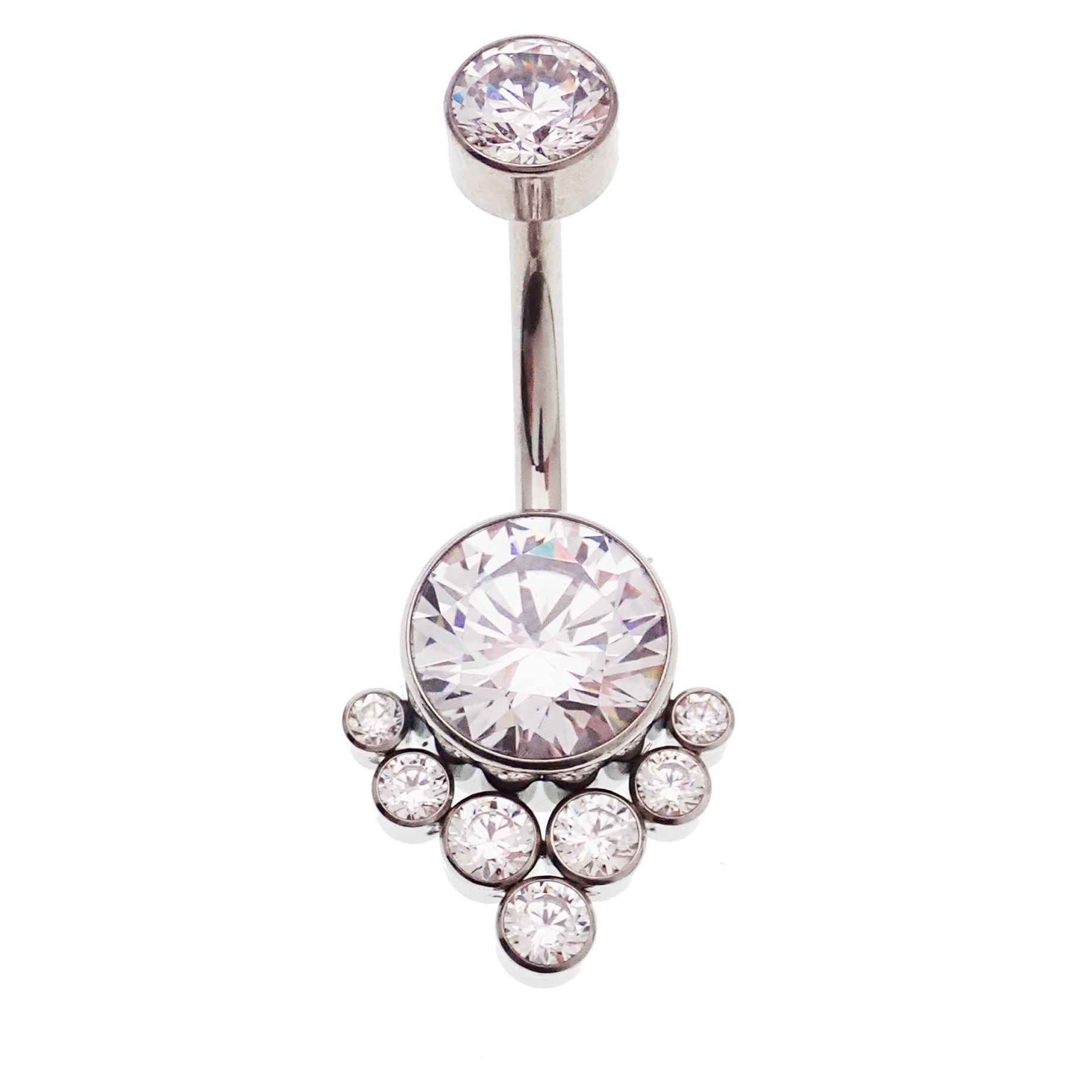 Magpie CZ titanium belly ring, 10mm to 12mm, showcasing a sleek silver body with sparkling cubic zirconia embellishment.
