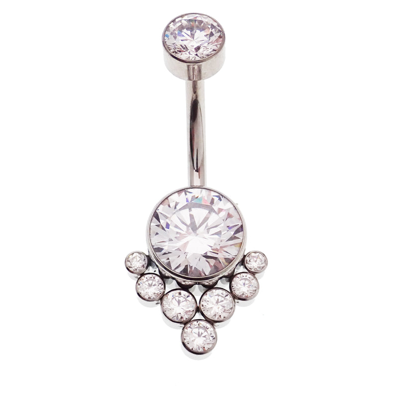 Magpie CZ titanium belly ring, 10mm to 12mm, showcasing a sleek silver body with sparkling cubic zirconia embellishment.