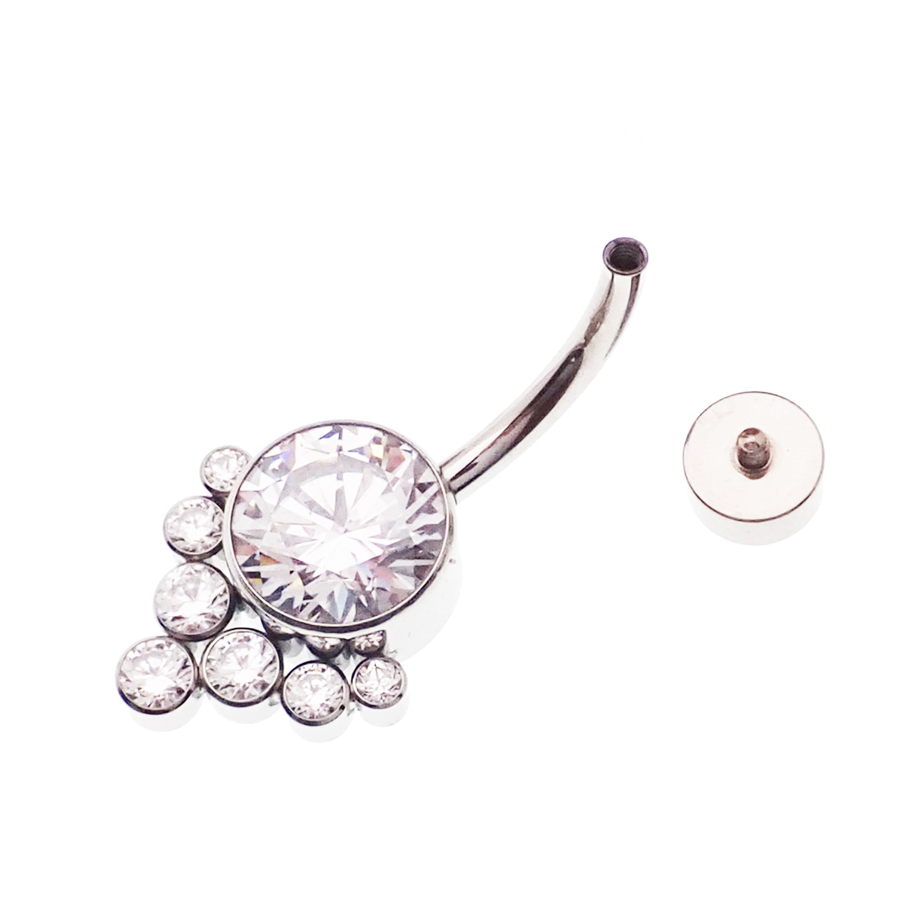 Magpie CZ titanium belly ring in 10mm to 12mm with sparkling gemstone and sleek silver design, suitable for navel piercing.