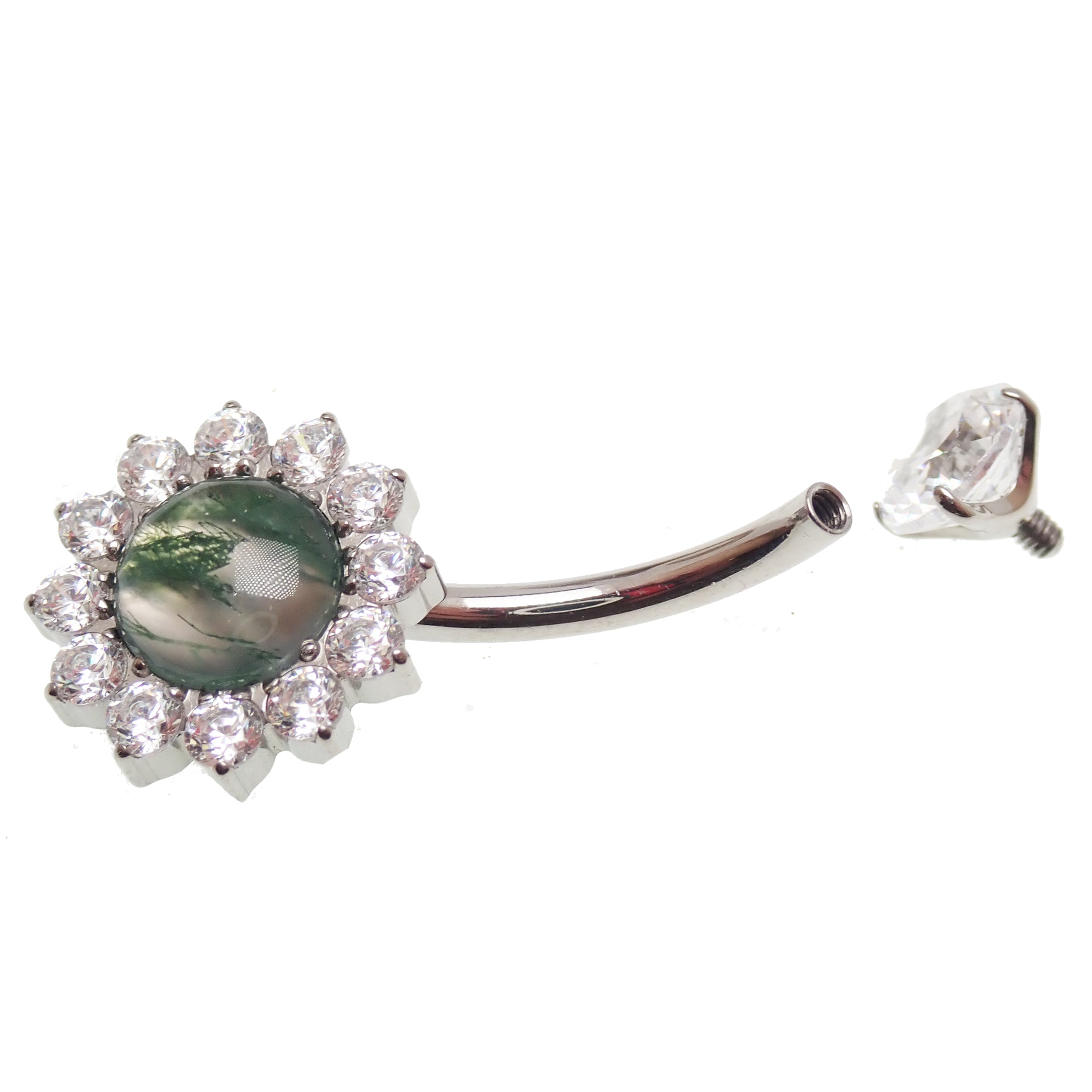 Magpie Moss Agate and CZ belly ring in 14g with a 10mm natural stone and cubic zirconia accents.