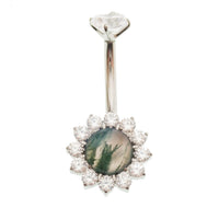 Magpie Moss Agate and CZ belly ring in 14g with a 10mm natural stone and cubic zirconia accents.
