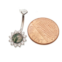 Magpie Moss Agate and CZ belly ring, 14g, 10mm, with natural stone and cubic zirconia accents on a silver-tone body.