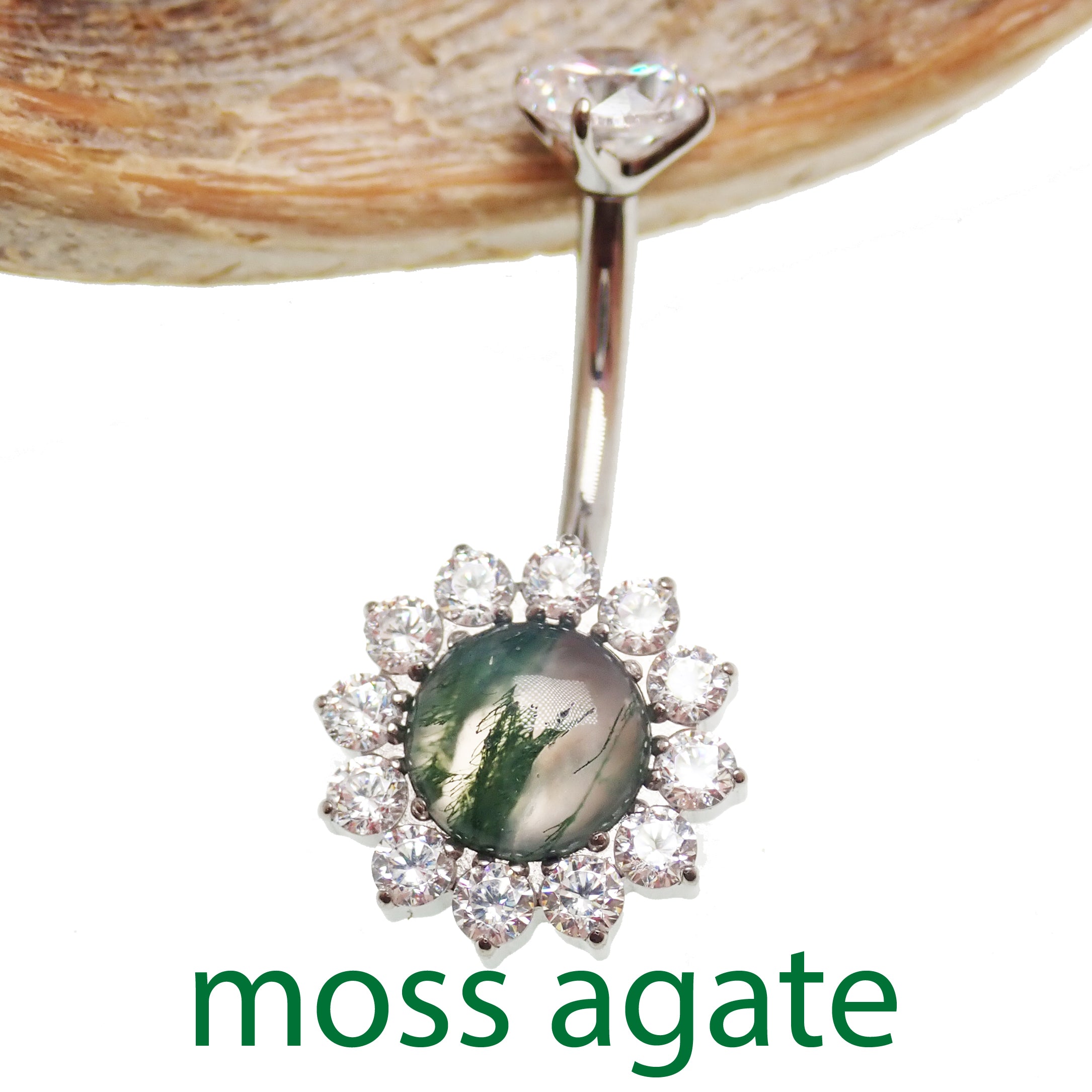 Magpie moss agate and cubic zirconia belly ring in 14g with 10mm stone, featuring natural stone and sparkling accents.