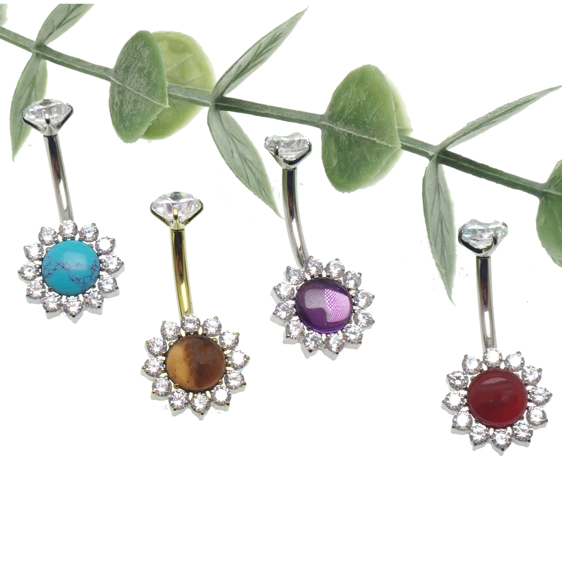 Magpie natural moss agate stone CZ belly ring in 14g with 10mm gauge, featuring a sleek design and vibrant stone detail.