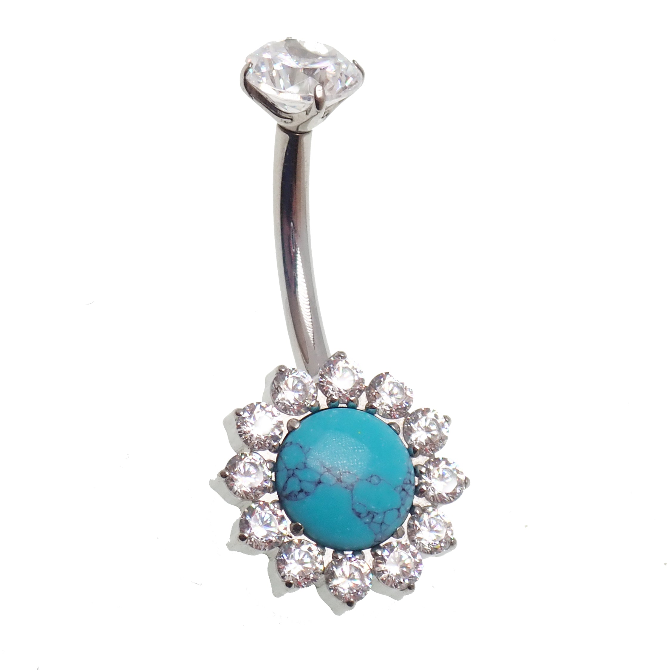 Magpie natural moss agate stone CZ belly ring, 14g, 10mm, body jewelry with polished gemstone and cubic zirconia accents.