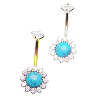 Magpie natural moss agate stone CZ belly ring 14g 10mm, showcasing a polished stone and sparkling cubic zirconia accents.