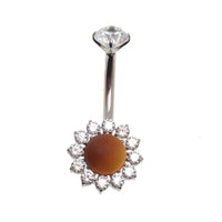 Magpie natural moss agate stone CZ belly ring, 14g 10mm, featuring a polished gemstone and silver-toned body for stylish body jewelry.