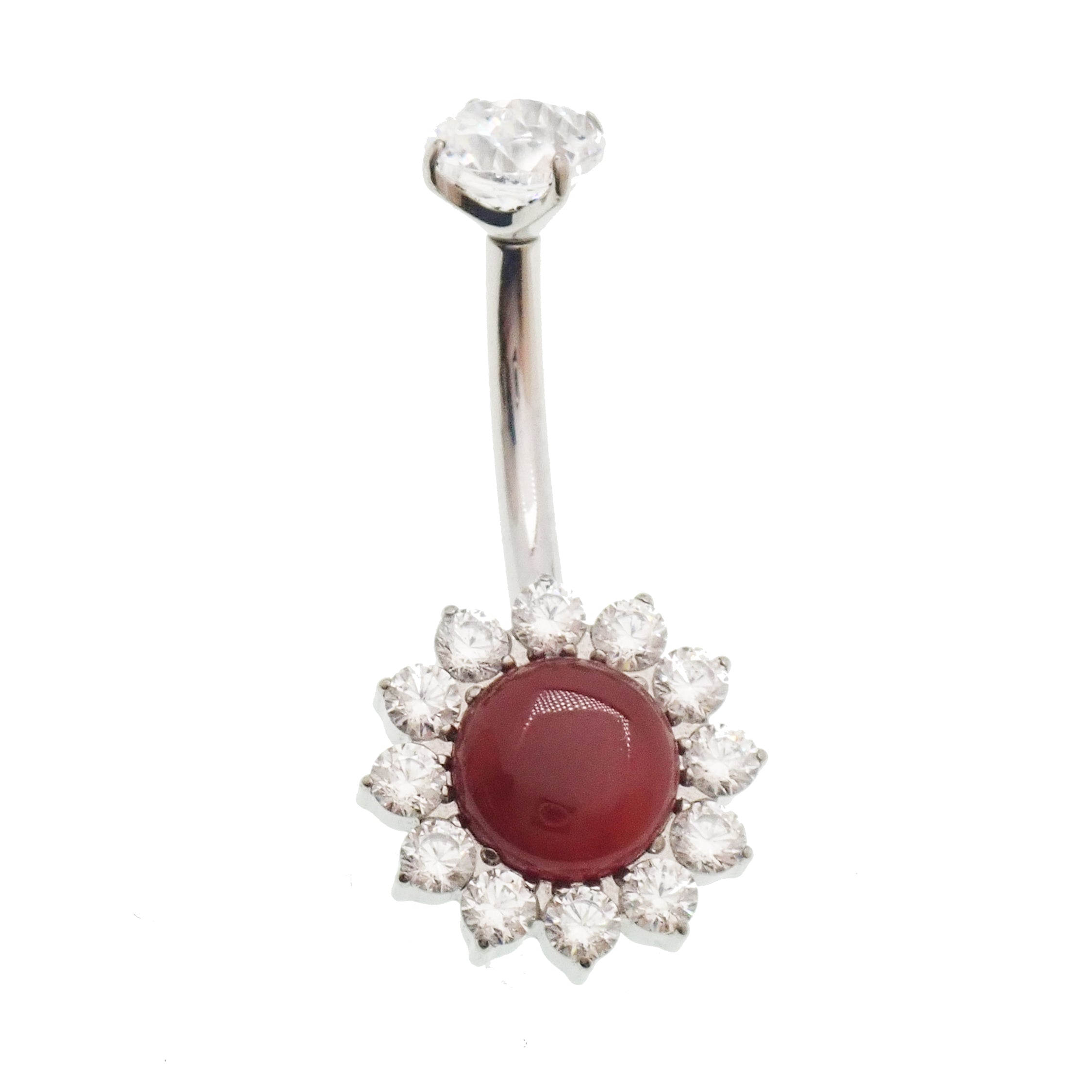 Magpie natural moss agate stone and CZ belly ring, 14g gauge, 10mm size, featuring a stylish and elegant body jewelry design.