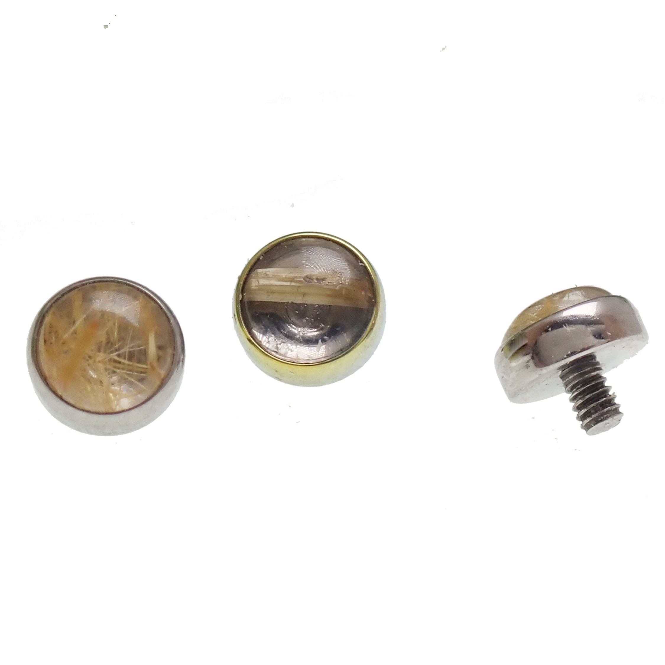 Magpie rutilated quartz 4mm internally threaded body jewelry top, 0.9mm gauge, 16G, showcasing clear quartz with golden inclusions.