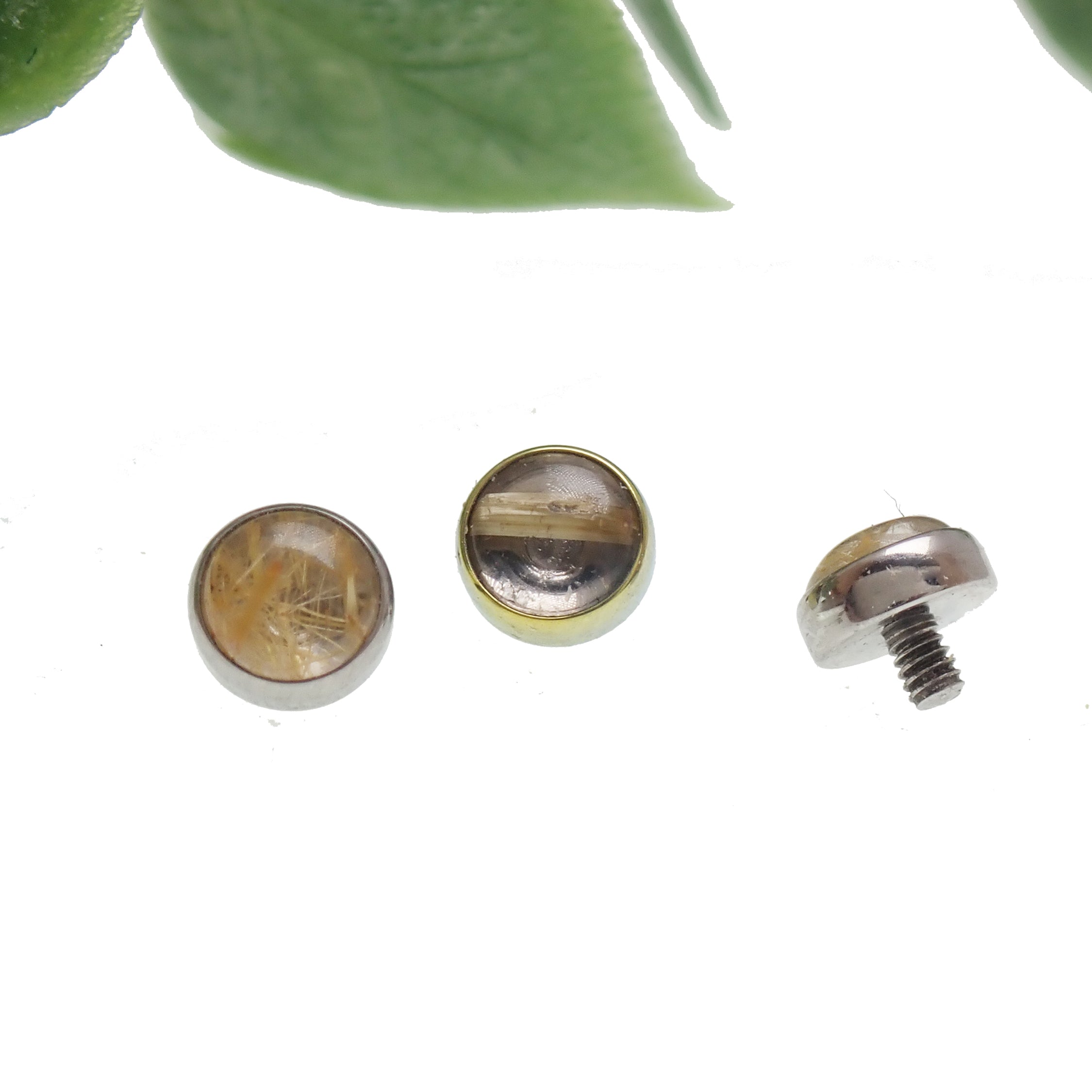 Magpie Rutilated Quartz 4mm internally threaded body jewelry top, 16 gauge, clear with gold needle-like inclusions.