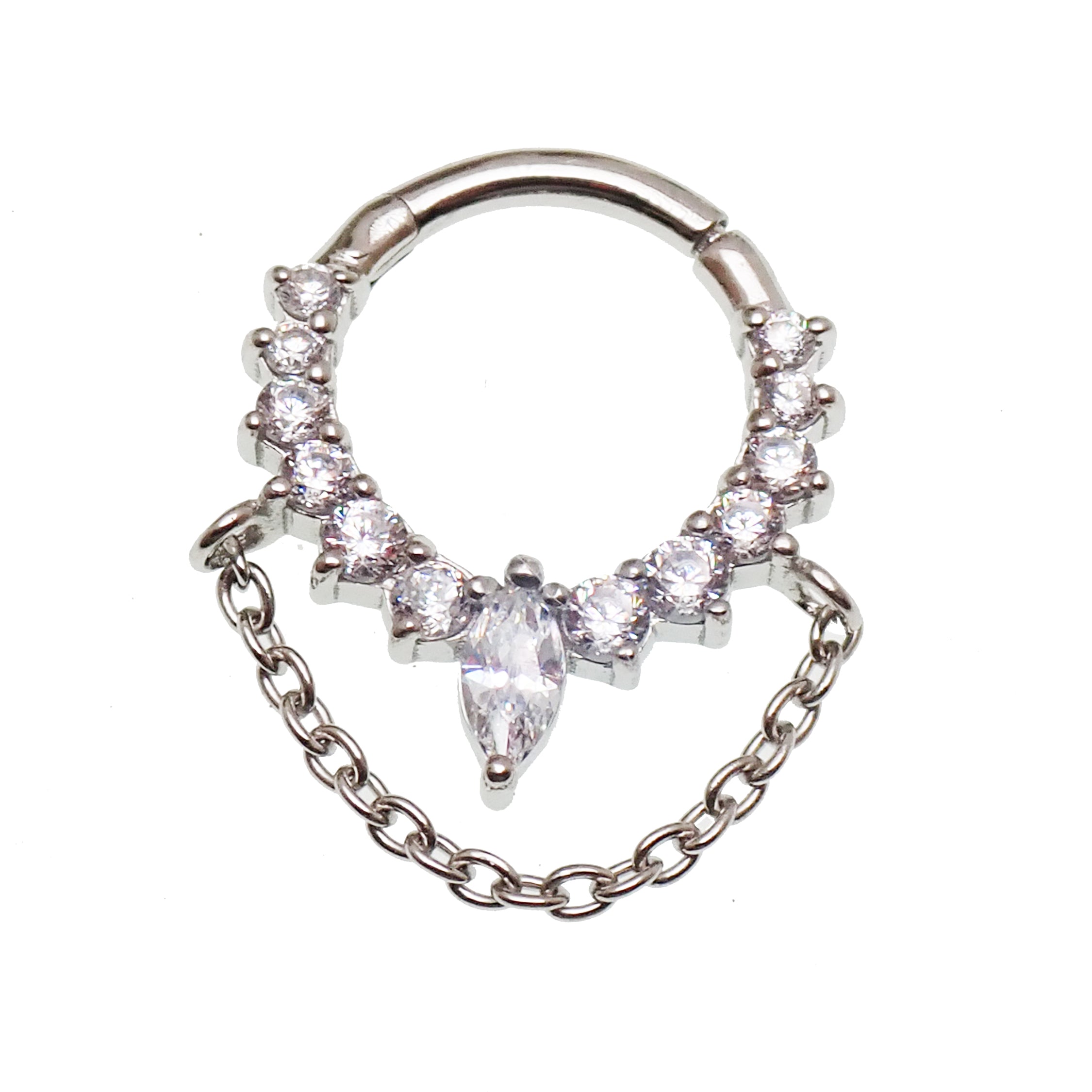Sterling silver 925 rhodium hinged clicker earring from magpie body jewelry, 8mm diameter, 16g gauge for body piercing.