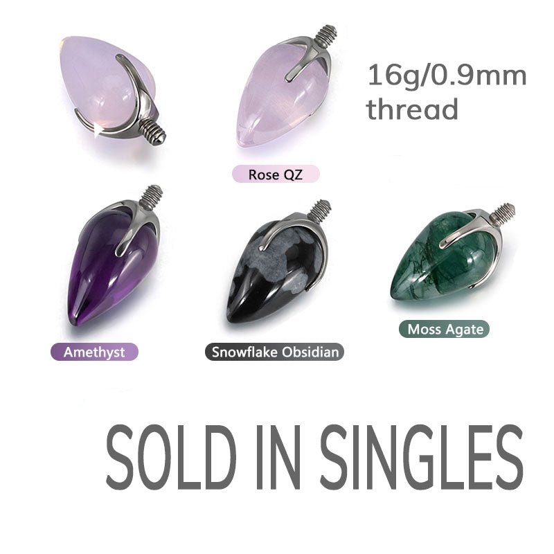 Natural stone bullet cones for body jewelry, 16g/0.9mm thread, by Magpie Body Jewelry, featuring amethyst stone attachments.