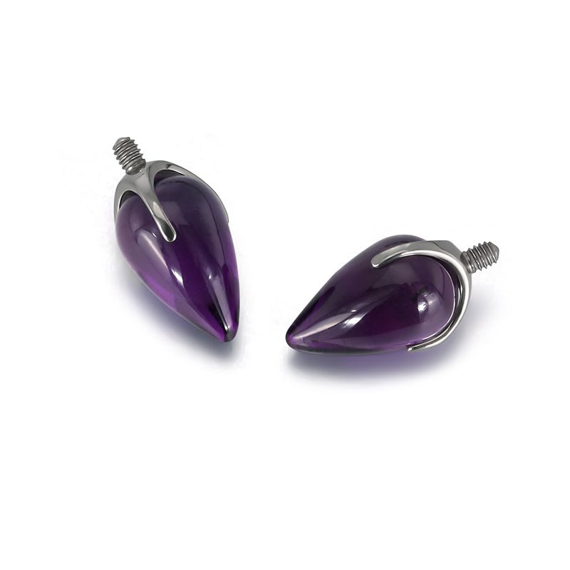 Natural stone bullet cones for body jewelry, 16g, 0.9mm thread by Magpie Body Jewelry, featuring amethyst gemstone attachments.