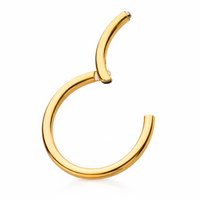 Plain titanium PVD gold clicker hoop earring by Magpie Body Jewelry, 18g and 16g with a 7mm diameter.