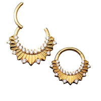 24k PVD gold titanium clicker hoop earrings by Magpie Body Jewelry, 16G with 8mm and 10mm sizes, featuring a seamless clicker design.