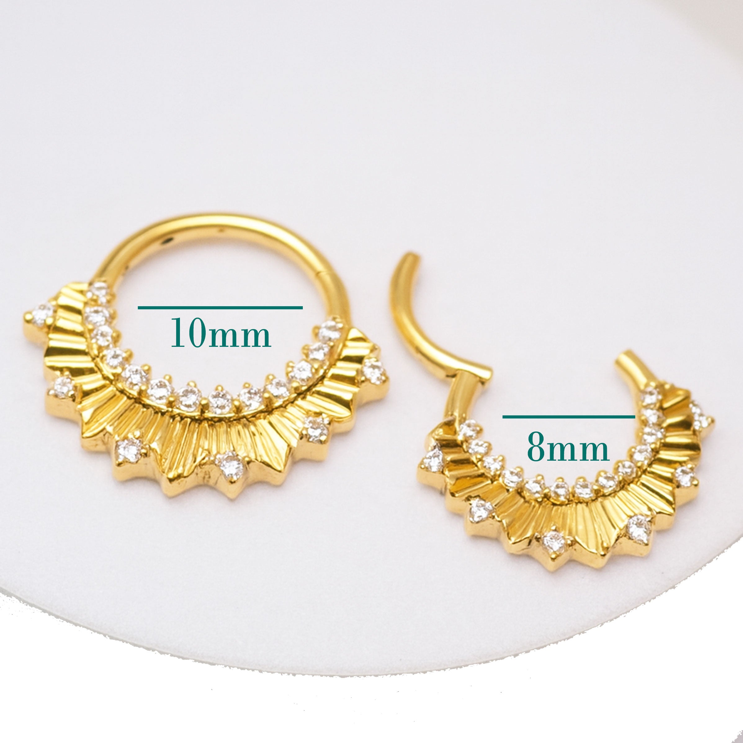 24k PVD gold titanium clicker hoop earring in 16G with 8mm and 10mm sizes, featuring a sleek, polished design by Magpie Body Jewelry.