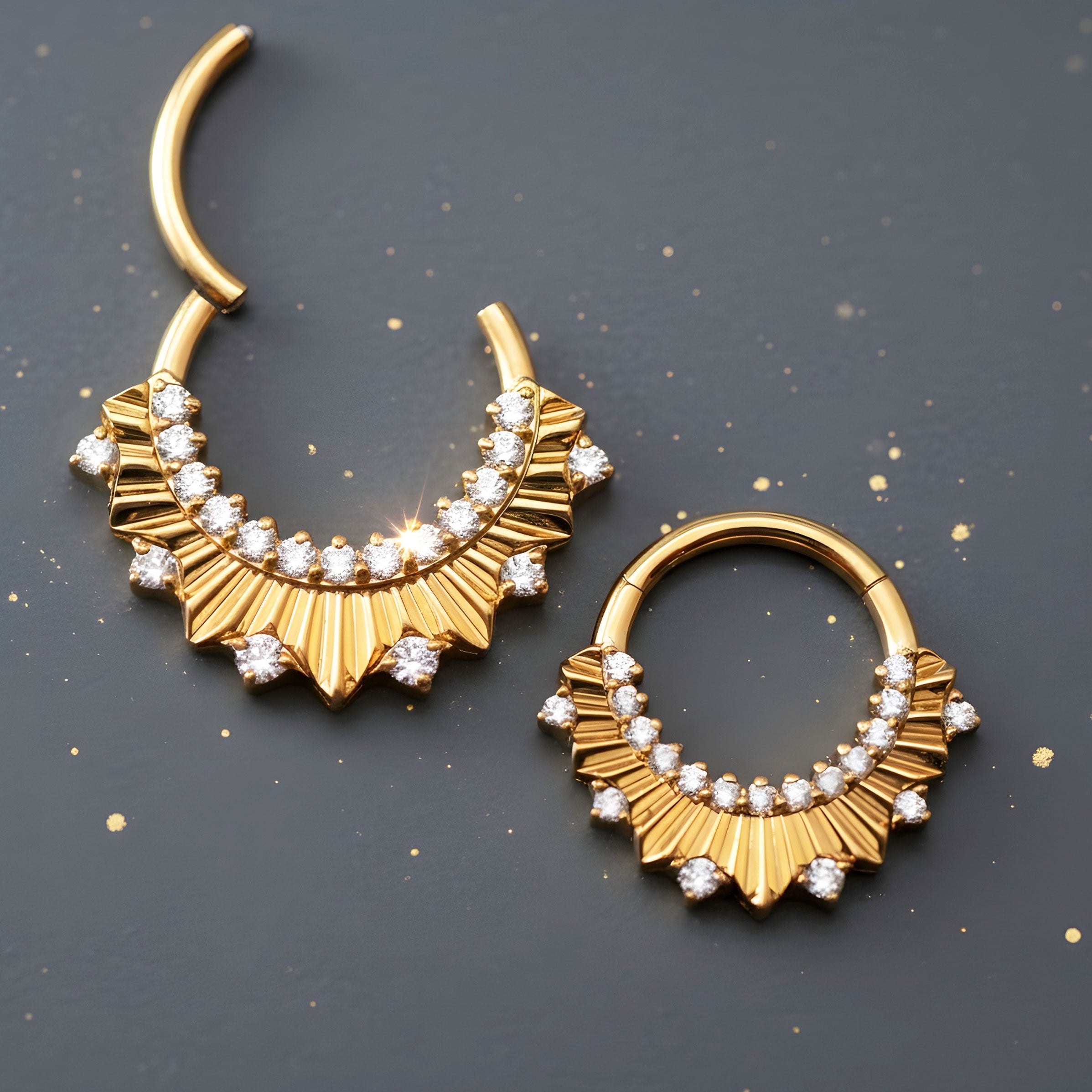 Magpie Body Jewelry 24k PVD gold titanium clicker hoop, 16G, available in 8mm and 10mm sizes, showing the stylish jewelry design.