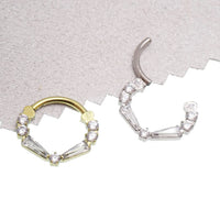 Clear titanium 16g taper baguette clicker with cubic zirconia stones, designed for body jewelry piercings.