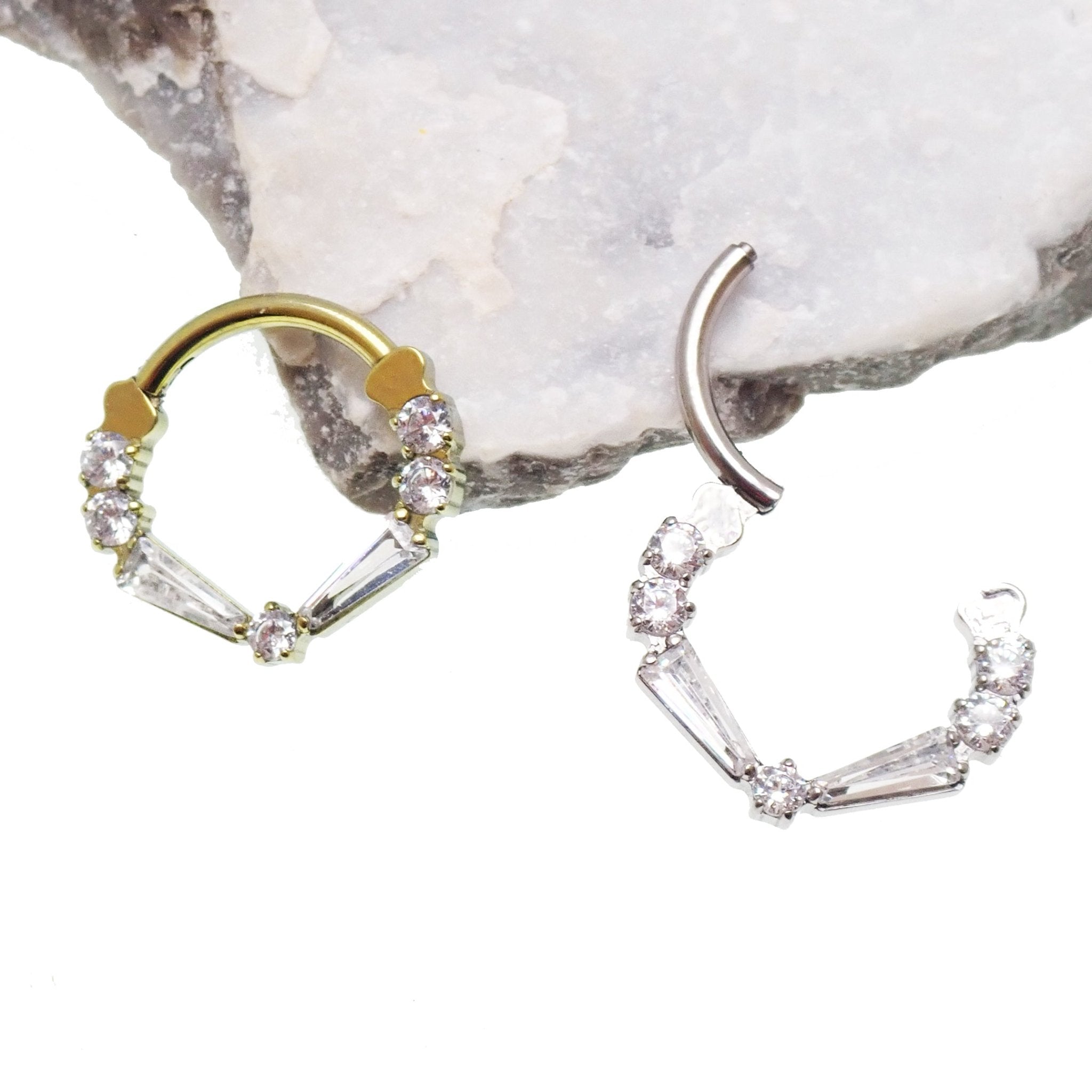 Clear titanium 16g taper baguette clicker jewelry with cubic zirconia accents, designed by Magpie Body Jewelry.