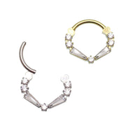 Clear titanium 16g taper baguette clicker earrings with cubic zirconia stones from magpie body jewelry, showcasing a sleek, modern design.
