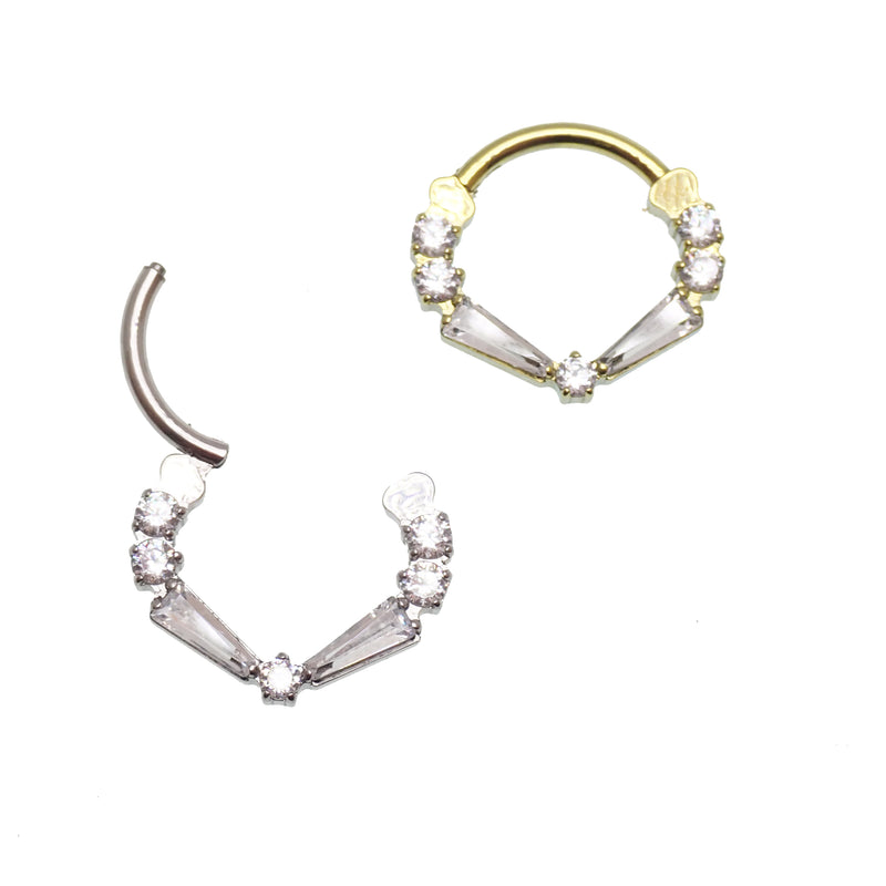 Clear titanium 16g taper baguette clicker earrings with cubic zirconia stones from magpie body jewelry, showcasing a sleek, modern design.