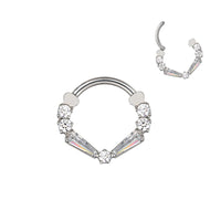 Clear 16g taper baguette titanium clicker earring by Magpie Body Jewelry, featuring a sleek baguette-shaped design and secure clicker closure.