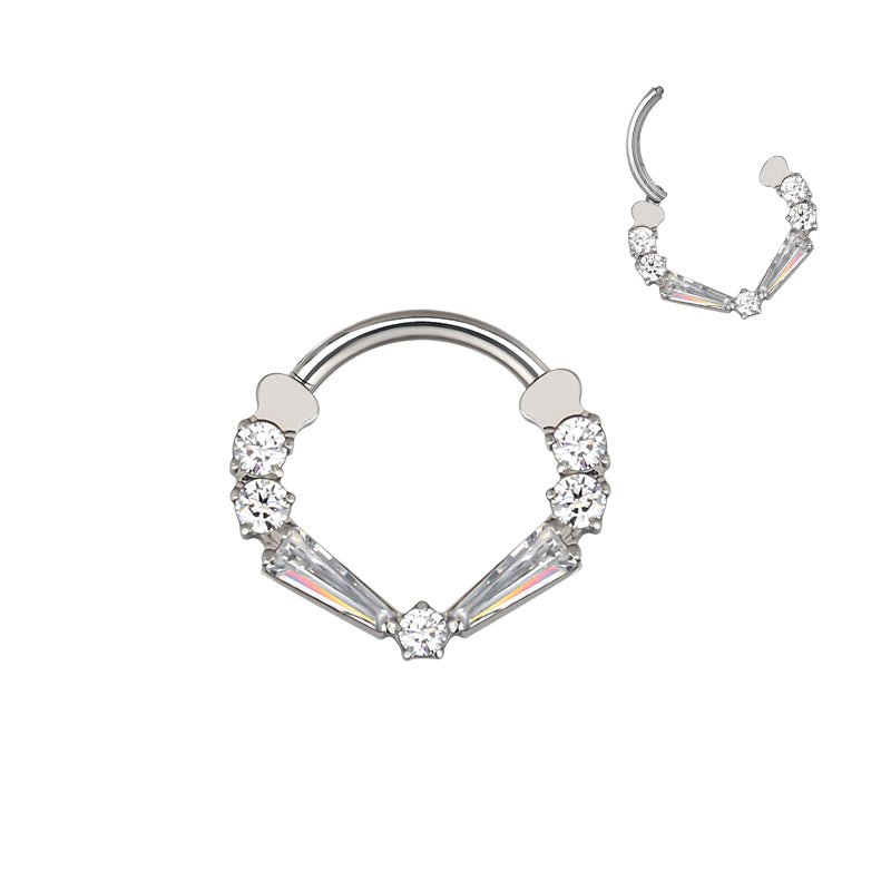 Clear 16g taper baguette titanium clicker earring by Magpie Body Jewelry, featuring a sleek baguette-shaped design and secure clicker closure.