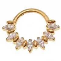 Gold PVD titanium clicker hoop with CZ stones, 16 gauge, 8mm diameter, from magpie body jewelry.