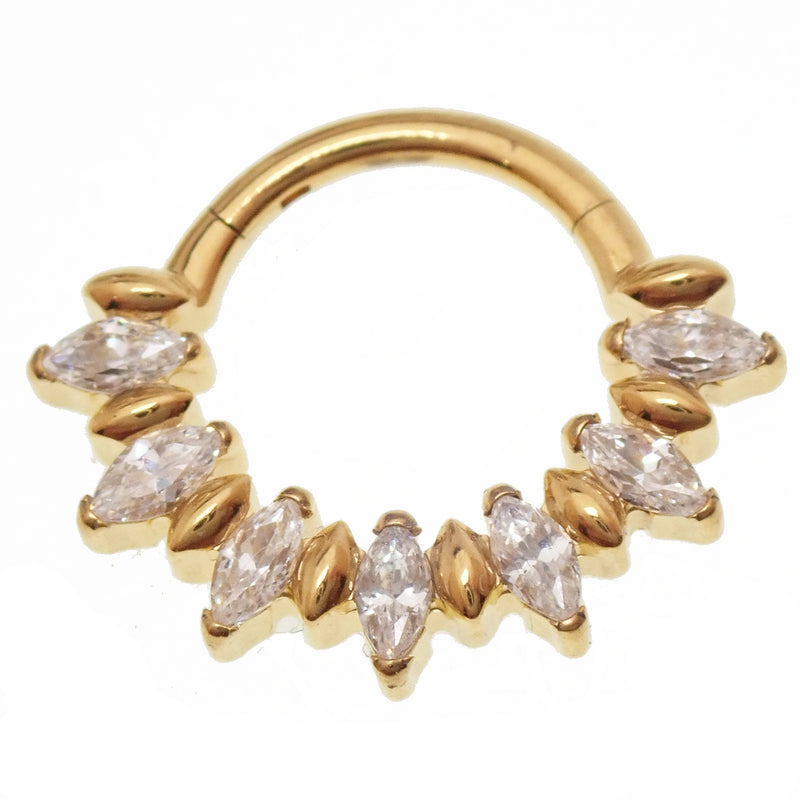 Gold PVD titanium clicker hoop with CZ stones, 16 gauge, 8mm diameter, from magpie body jewelry.