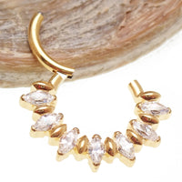 Gold titanium 16G clicker hoop with CZ stones, 8mm diameter, from magpie body jewelry, designed for ear cartilage piercing.