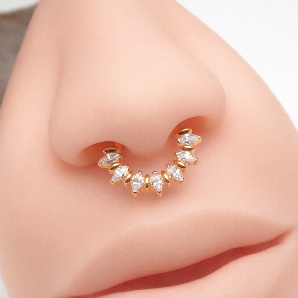 Gold titanium clicker hoop with CZ stones, 16 gauge, 8mm diameter, by Magpie Body Jewelry, featuring a stylish and secure design.