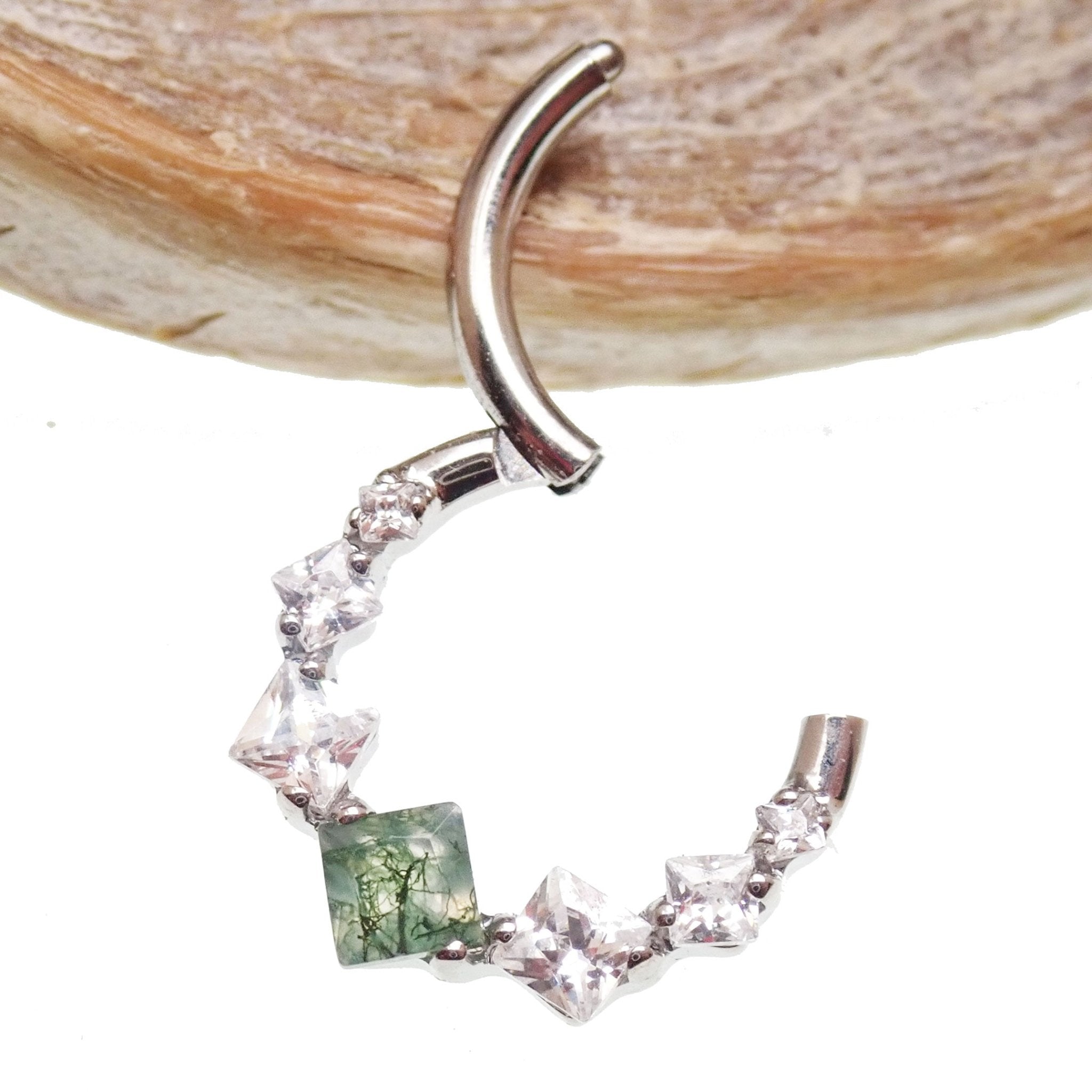 Moss Agate 8mm titanium clicker earring in 16g with natural gemstone design and sleek titanium finish, from Magpie Body Jewelry.