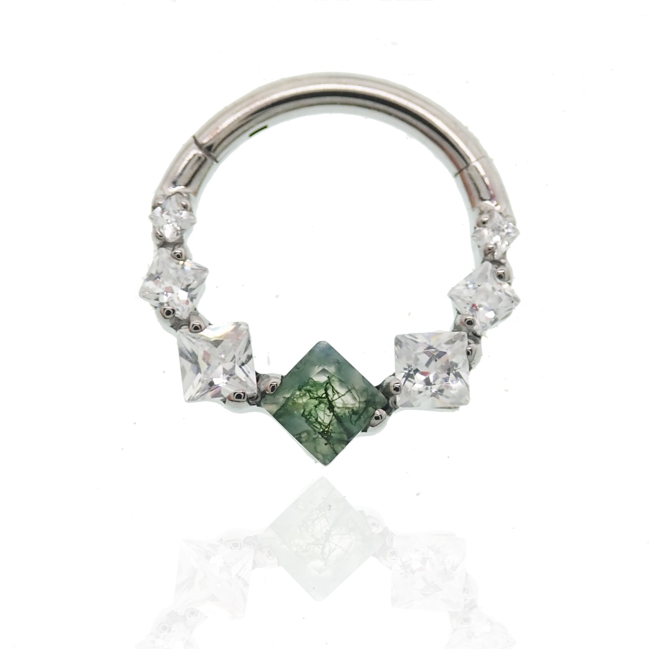 Moss Agate 8mm titanium clicker body jewelry by Magpie Body Jewelry, 16g, featuring a natural moss agate stone design.